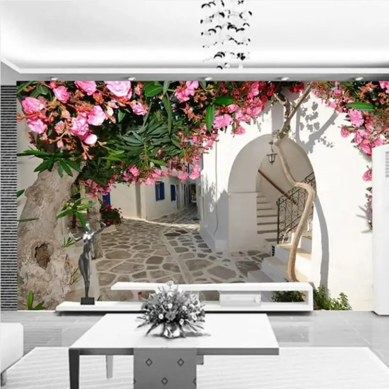 Custom Wallpaper 3D Aegean Architecture Walkway Flower Tree Mural Drawing Living Room Bedroom Rose Flower Street View Decorative