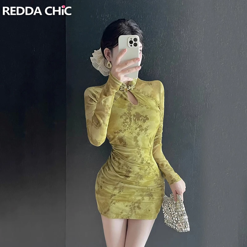 REDDACHiC ヴィンテージ花柄中国女性チャイナドレスシアー中空長袖ボディコン袍ミニドレスヴィンテージセクシーな衣装