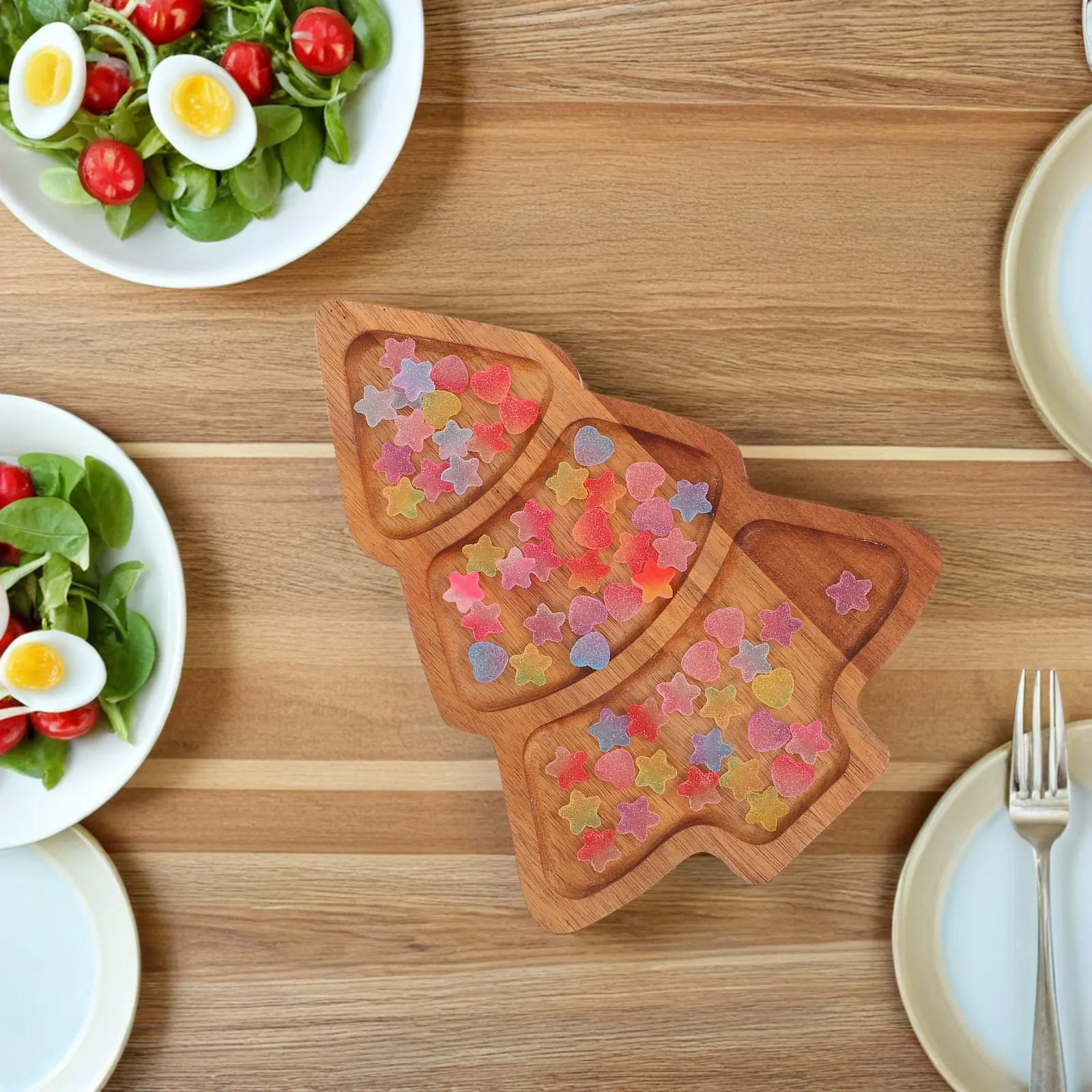 Wooden Christmas Tree Serving Tray Holiday Platter Acacia Wood Compartment Design Festive Snack Dessert Sushi Board Nordic