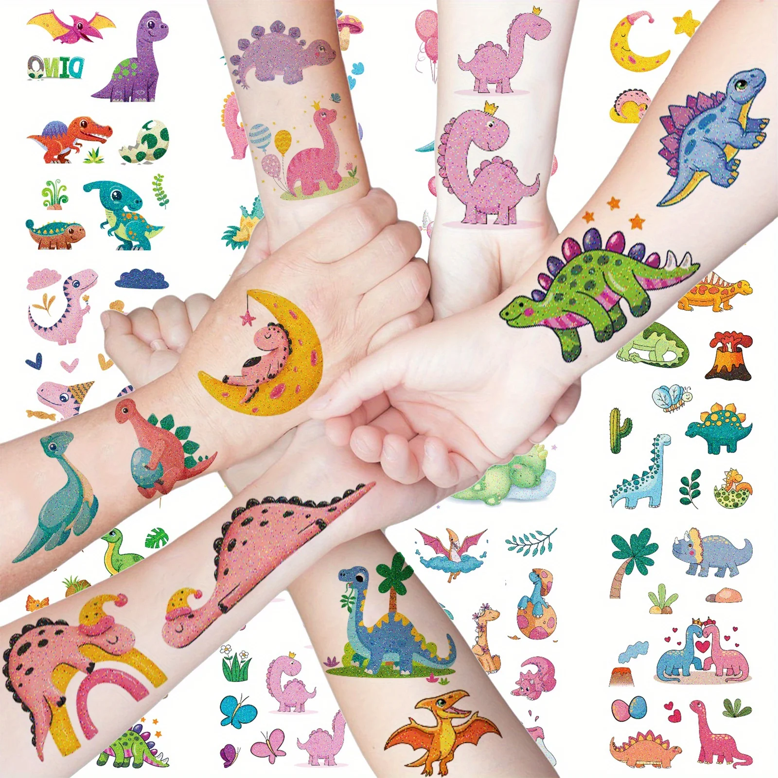 12 قطعة من ملصقات الوشم المؤقت على شكل ديناصور متلألئ، تصميم لطيف مقاوم للماء التيروصور تيرانوصور ريكس ترايسيراتوبس