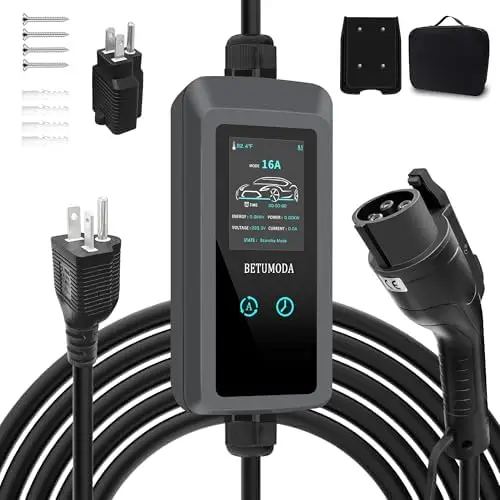 

Зарядное устройство для электромобилей уровня 1 и 2, 16А, 240В, кабель 25 футов, адаптеры NEMA 6-20 и 5-15, IP65, сенсорный LED-экран, J1772 (с адаптером)