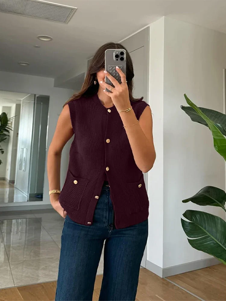 

Knit Solid Women Waistcoat Sleeveless O Neck Lady Vest 2024 Fashion Autumn Winter Vintage Single Breasted Pocket Female Tank