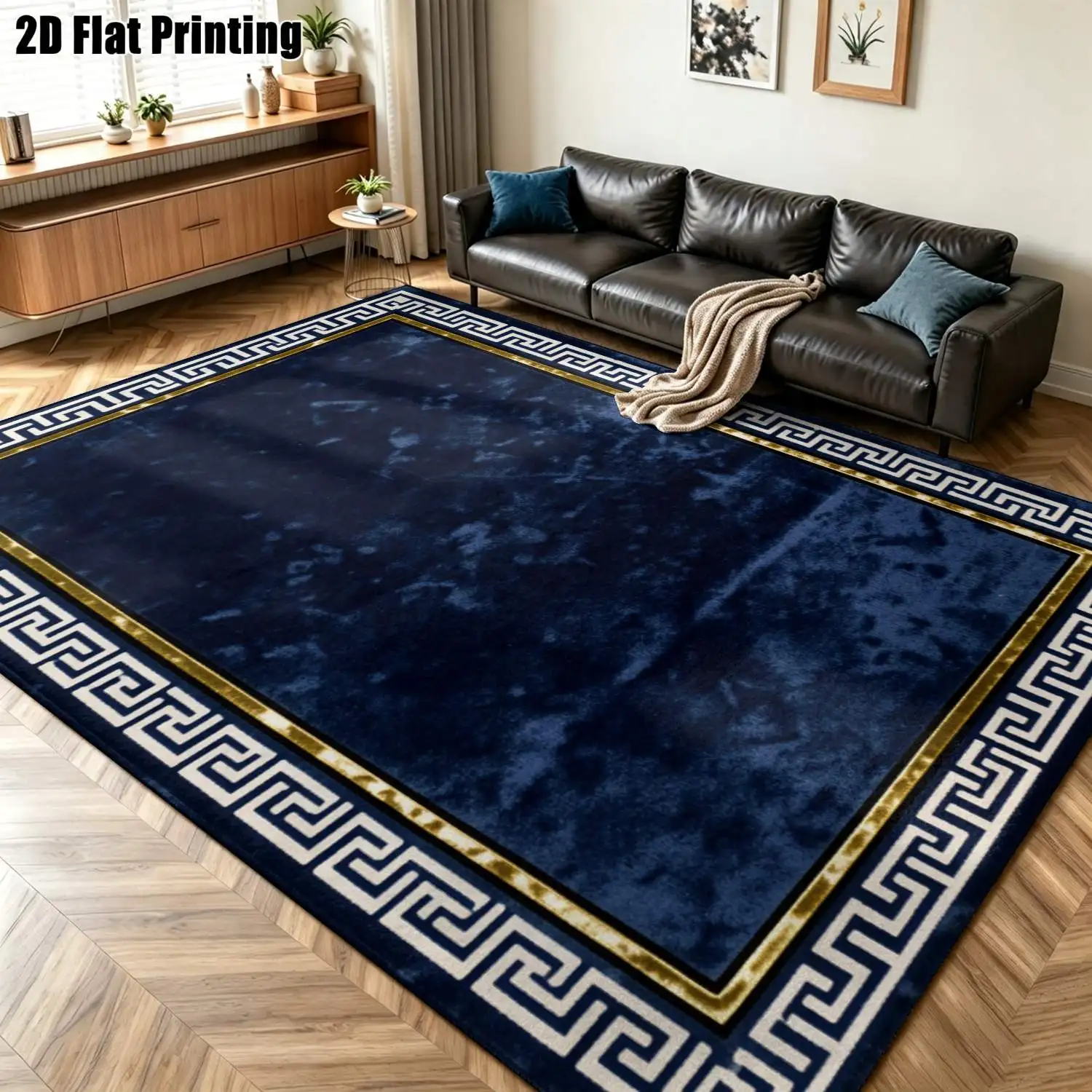 1Pc 2D Printed Navy Blue Geometric Pattern Carpet: European Modern Minimalist Home Decor Mat, Multi-Size, Machine Washable, for Entrance, Dining, Foyer, Study, Living Room, Bedroom
