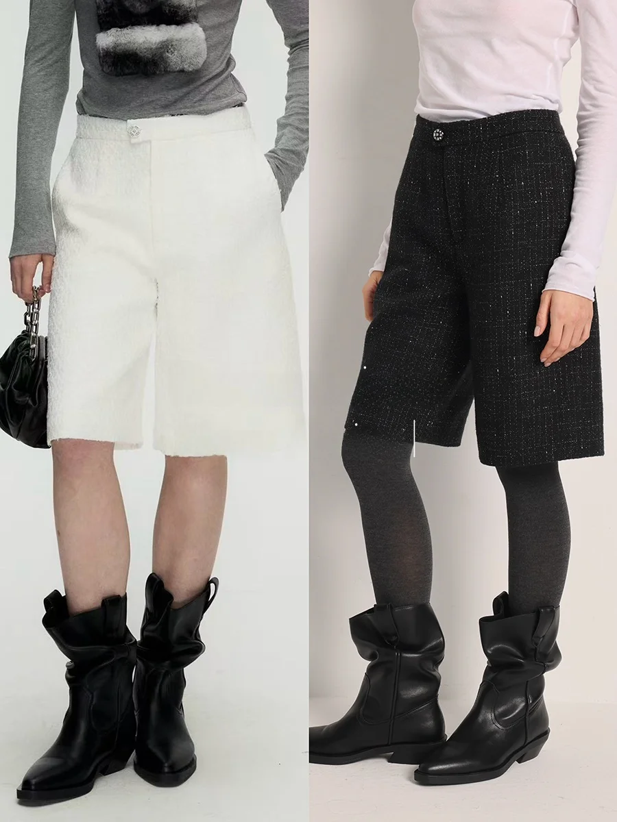 

Deesicile nt Пригородные широкие брюки с высокой талией, твидовые костюмные брюки длиной пять четвертей для женщин, прямой крой Ele