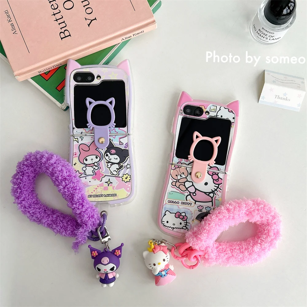 

New style Lanyard Anti-fall Phone Case Cute Sanrio Kuromi Hello kitty Samsung Z Flip 6,Z Flip 5,Z Flip 4,Z Flip 3,Cartoon