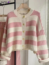 O-neck Stripe Stitching Cardigan Women Korean Fashion Loose Long Sleeve Single-breasted Knitted Sweater Simple Coats Casual Tops