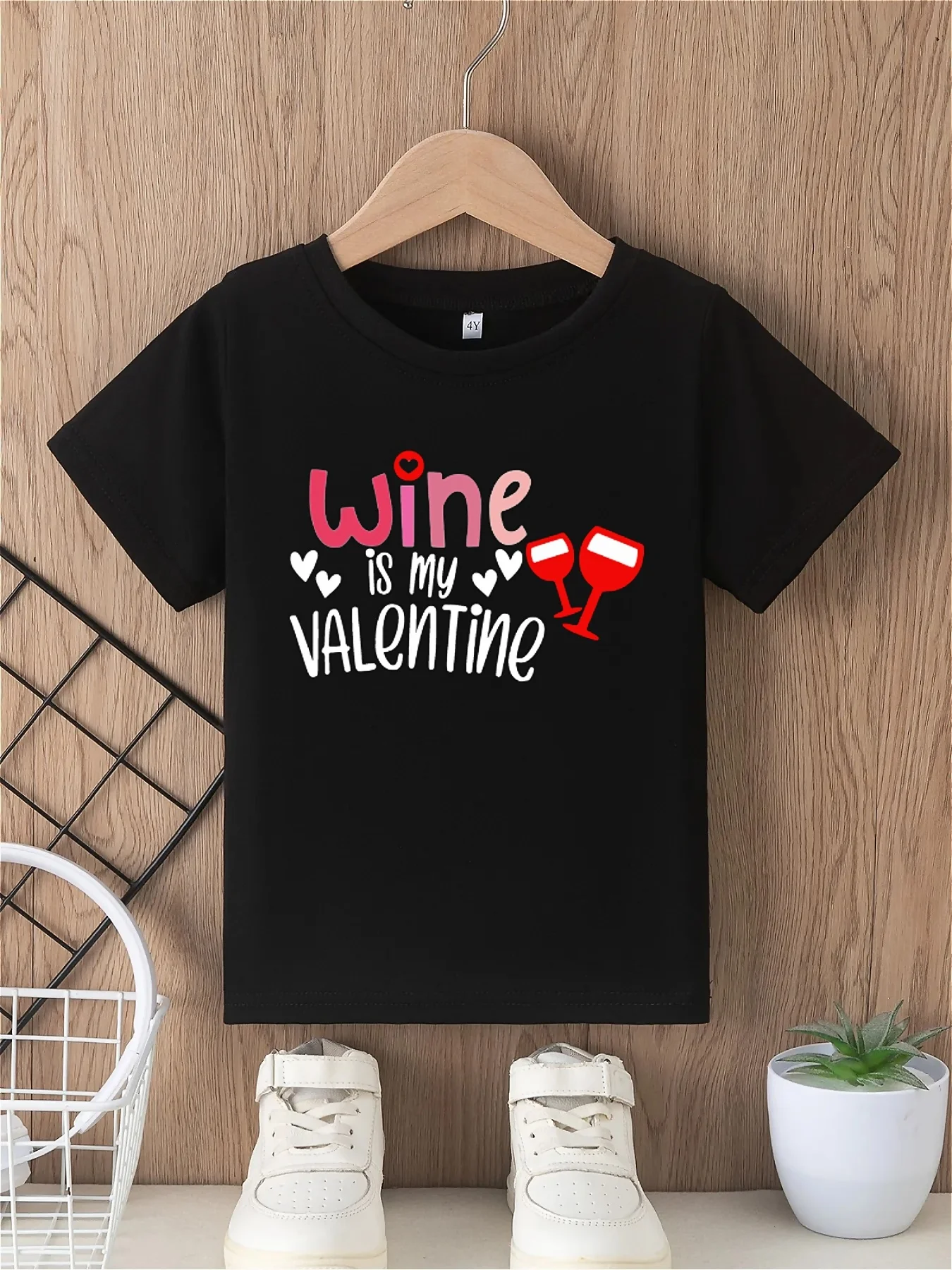 Valentine's Day Girls' T-shirt is my Valentine Letter Print Cup Pattern Print Fashionable Soft Round Neck Short Sleeve top