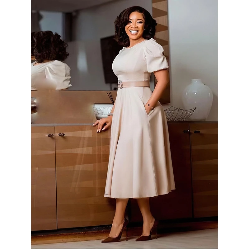 تنورة نسائية بقصة A-Line للربيع والصيف، بتصميم أكمام فقاعية قصيرة، بخصر ضيق، كاجوال للأنشطة الخارجية.