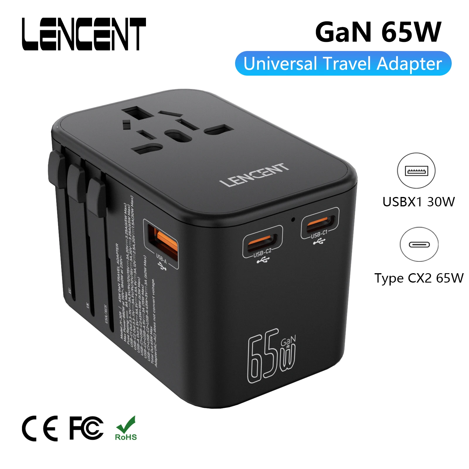 LENCENT 65W GaN Universal Travel Adapter with 1USB Port 2 Type C PD3.0 Fast Charging Power Adapter EU/UK/USA/AUS plug for Travel