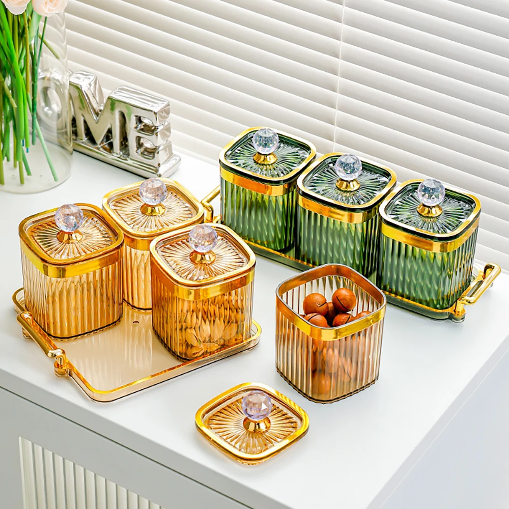 Luxury Gold Plated Vertical Pattern Sealed Jar Tray Set Home Kitchen Transparent Salt Grain Storage Bottle with Lids Storage Box