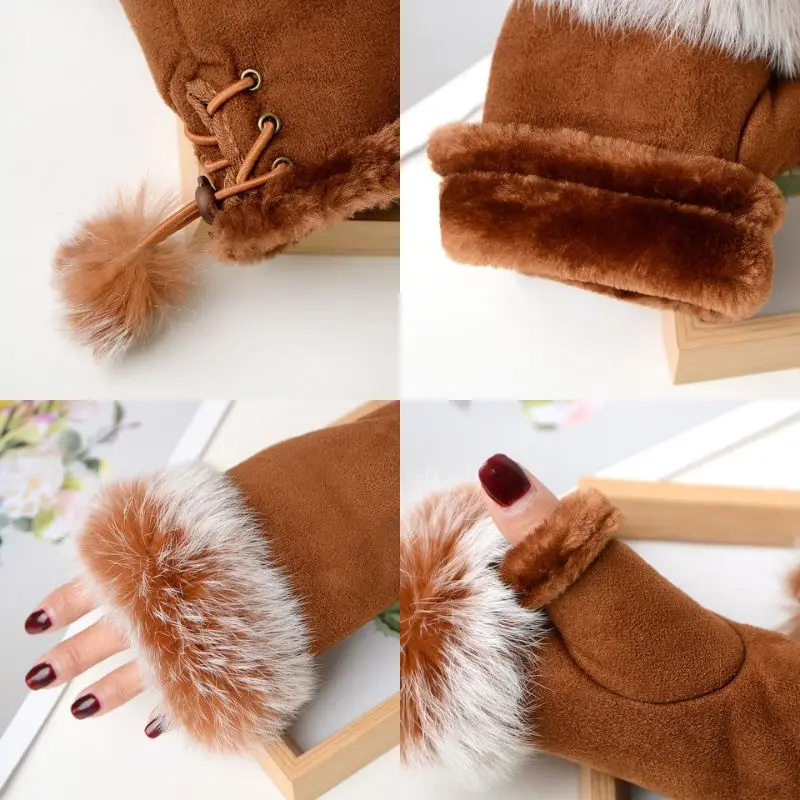 1pair Women Winter Warm Gloves Fashion Faux Rabbit Fur Half Fingerless Gloves Solid Color Writting Cycling Mittens Hand Warmer