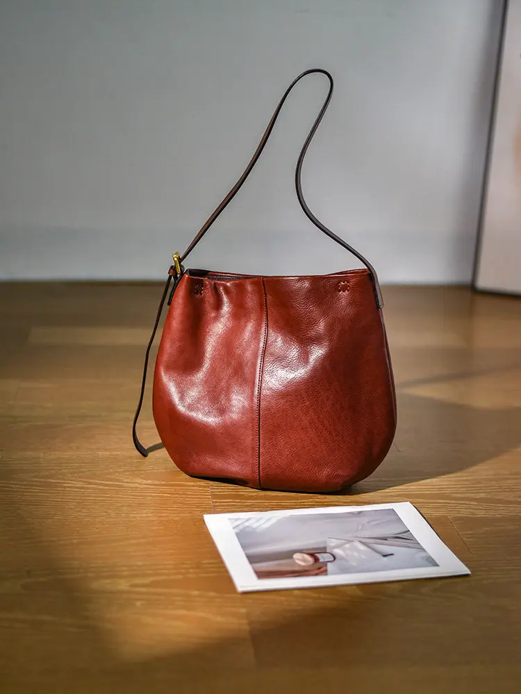 PNDME Casual Vintage Handmade Vegetable Tanned Leather Women's Shoulder Bag Weekend Shopping Luxury Genuine Leather Underarm Bag - view 3