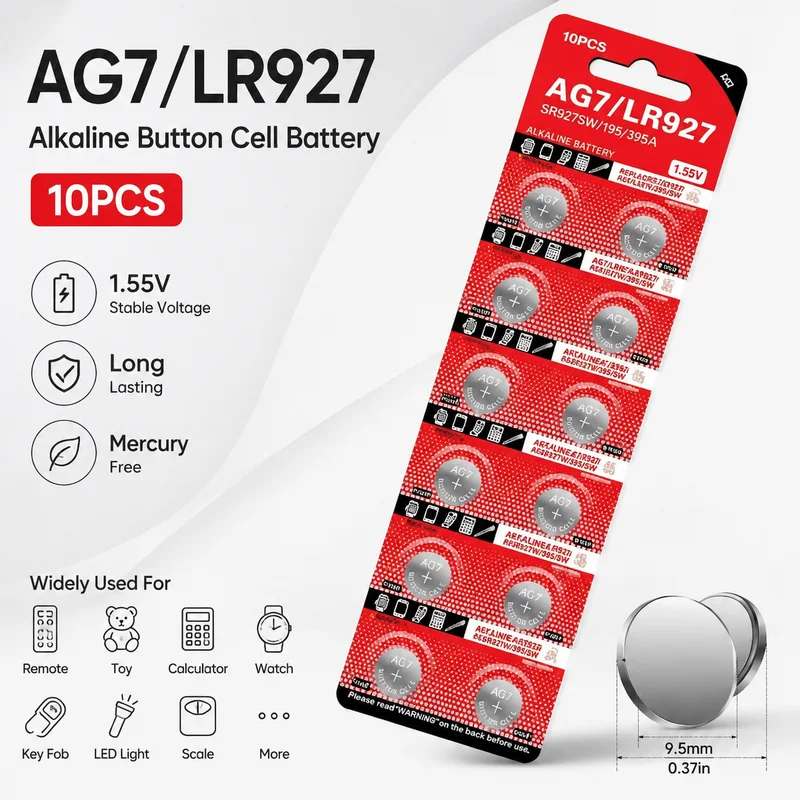 10 pilas alcalinas AG7 de 1.55V, tipo botón LR57 LR927 395 SR927W, para relojes y calculadoras
