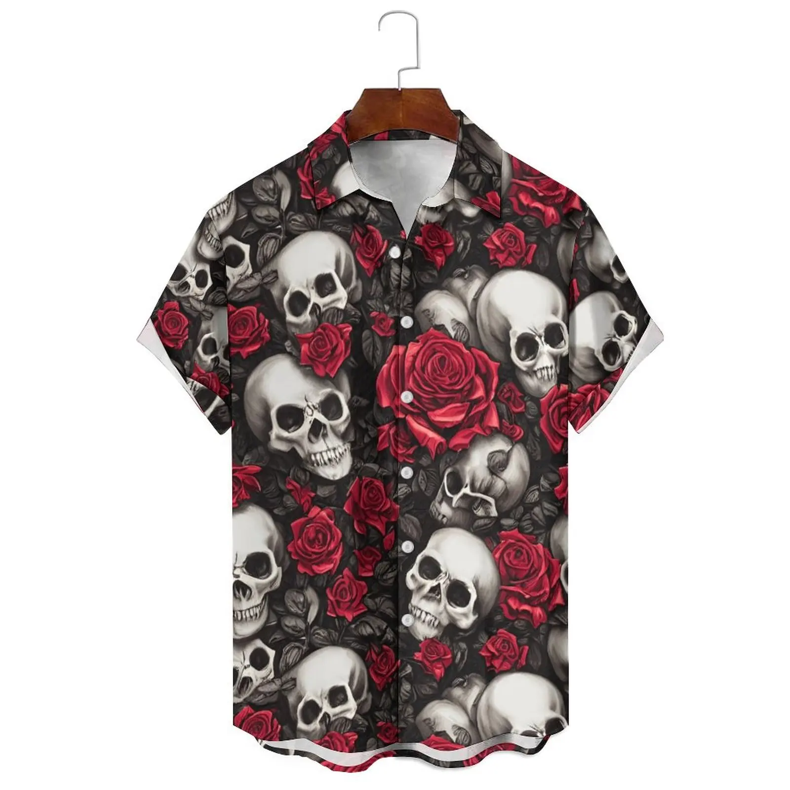 Summer Men's Fashion Lapel Single Breasted Loose Casual Breathable Irregular Subculture Skull Printed Short-Sleeved Shirt