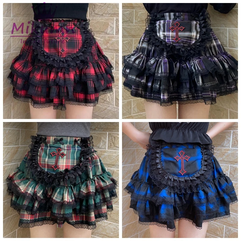 Mikumn Harajuku rok Mini kotak-kotak lucu Lolita Gothic rok pendek Y2k Punk anak perempuan renda silang renda rok kue gaun bola