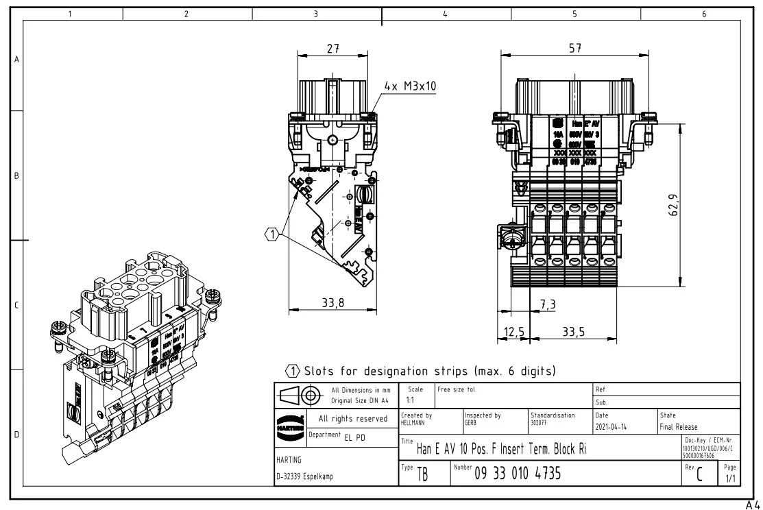 09330104735 HARTING 16A10-pin female ferrule terminal connector bolt wiring