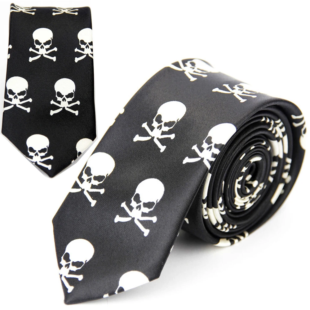 

Narrow Neck Tie for Men Women 5cm 2" Slim Thin Black White Skull Pattern Gothic Steam Punk Street Fashion Necktie