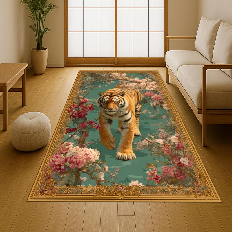 Floral Tiger Vintage Frame graphics large carpet,lounge coffee table,entrance hallway,dining area Welcome rug,Non Slip Rug
