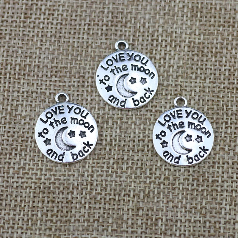 2022 High Quality 10 Pieces/Lot Diameter 18mm Love you to the moon and back Round Disc Message Charms Bracelet Pendant