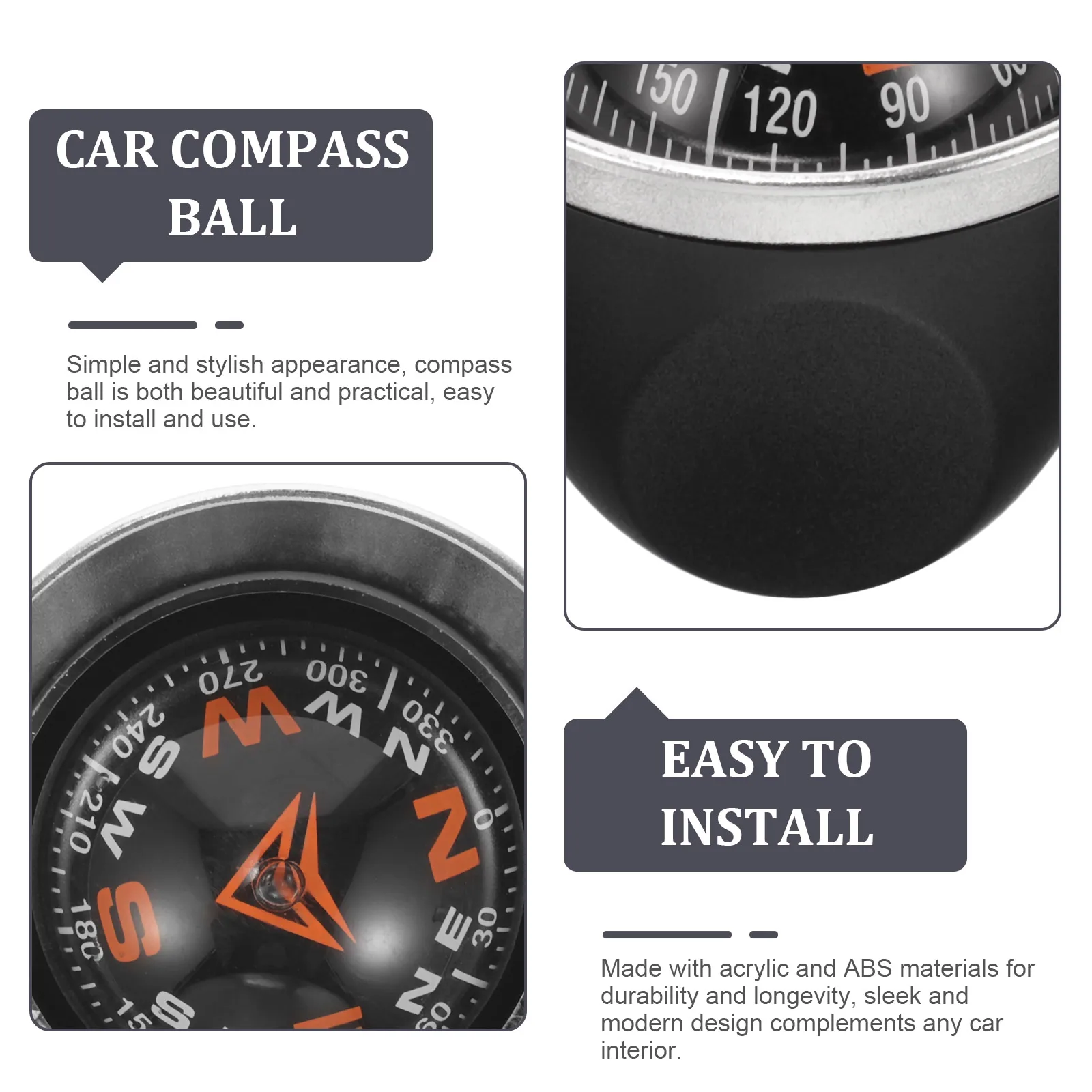 

3D Sphere Car Compass Dash Mount Black Auto Navigation Tool Vehicle Boat Truck Dashboard Ornament Automotive Direction
