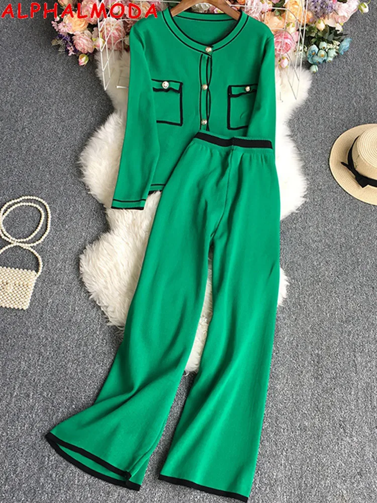 ALPHALMODA 2022 New Arrival Women Elegant Knitted Cardigans + Trousers 2pcs Fashion Suits Long-sleeved Sweater Pants Sets