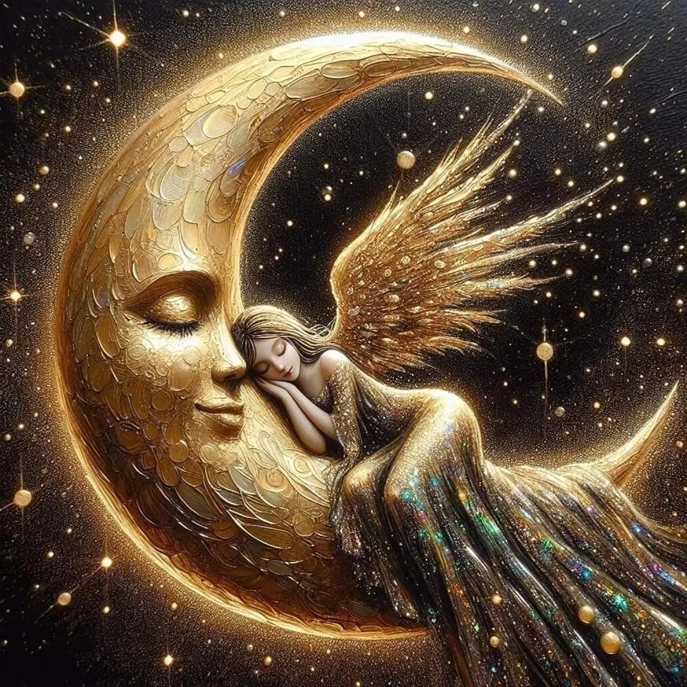 

Golden Crescent Moon Face Sleeping Winged Angel Fantasy Jigsaw Puzzle, Starry Night Celestial Home Wall Decor