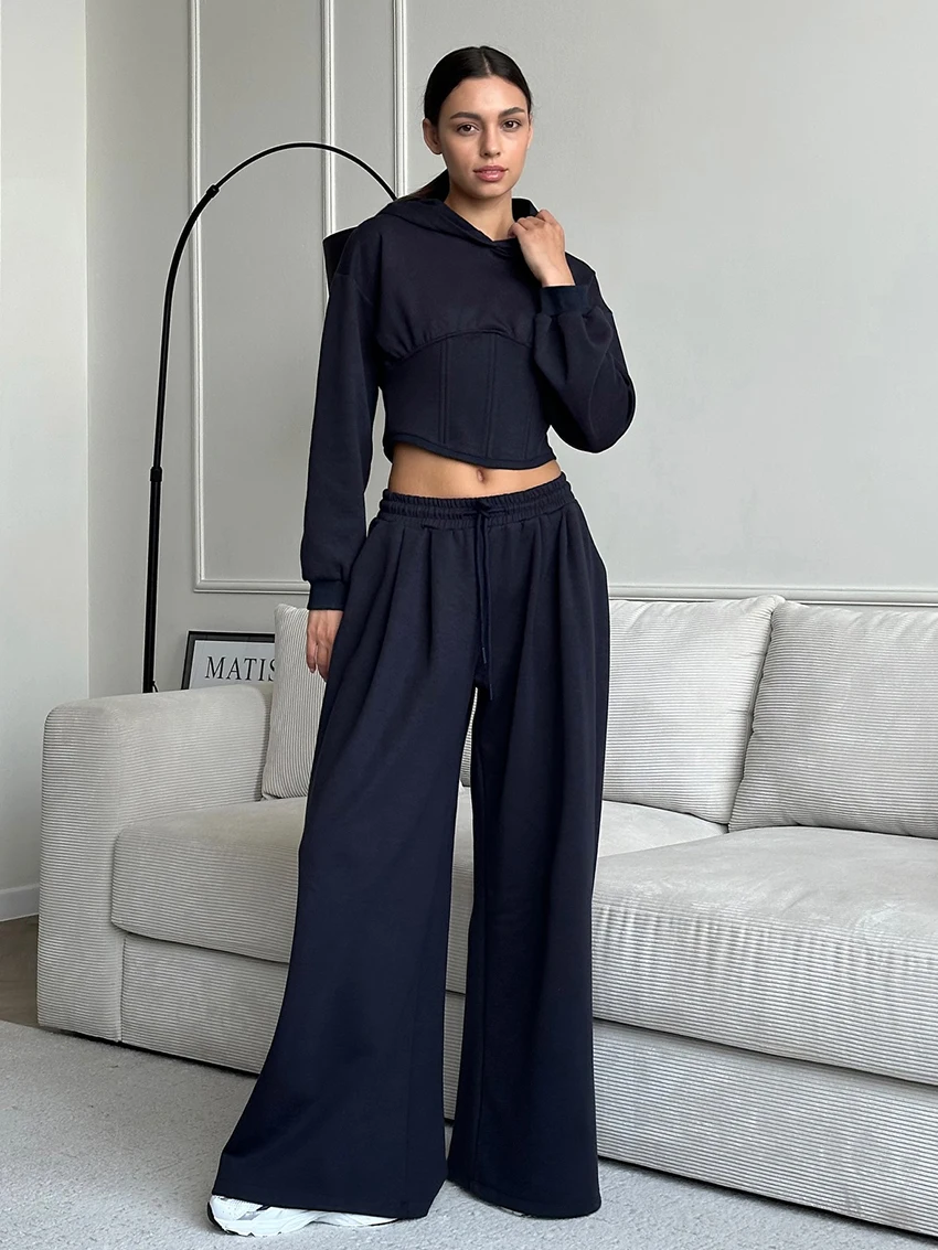 

Marthaqiqi Winter Ladies Sleepwear Set Hooded Pajamas Long Sleeve Nightie Crop Top Nightgowns Pants Casual Female Nightwear Suit