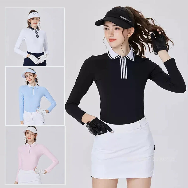 

2024 Blktee New Golf Women Slim Top Long Sleeve Zipper Collar T-Shirt Autumn Spring Lapel Sports Polo Shirts Leisure Golf Jersey