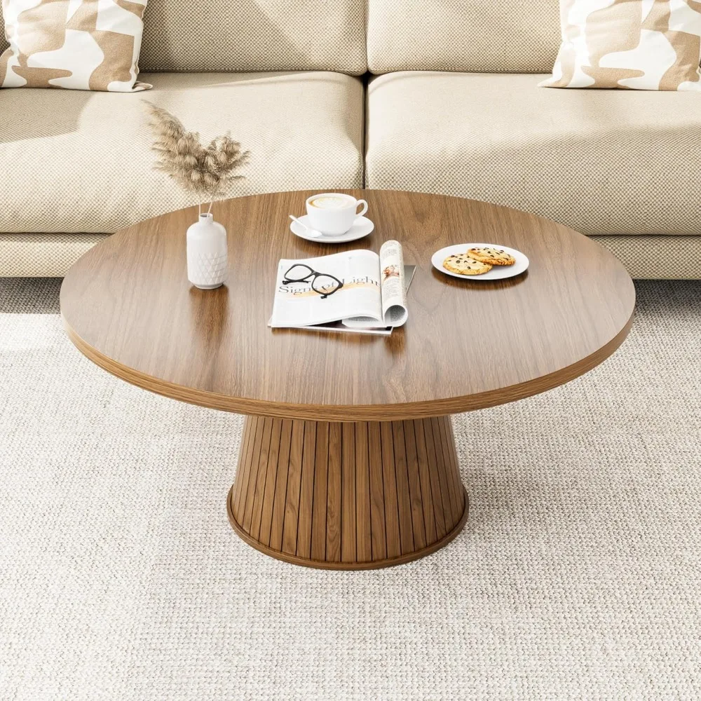 Fluted Round Coffee Table, Mid Century Modern Coffee Table, Small Walnut Circle Center Table, Brown, Farmhouse Wood, for Living
