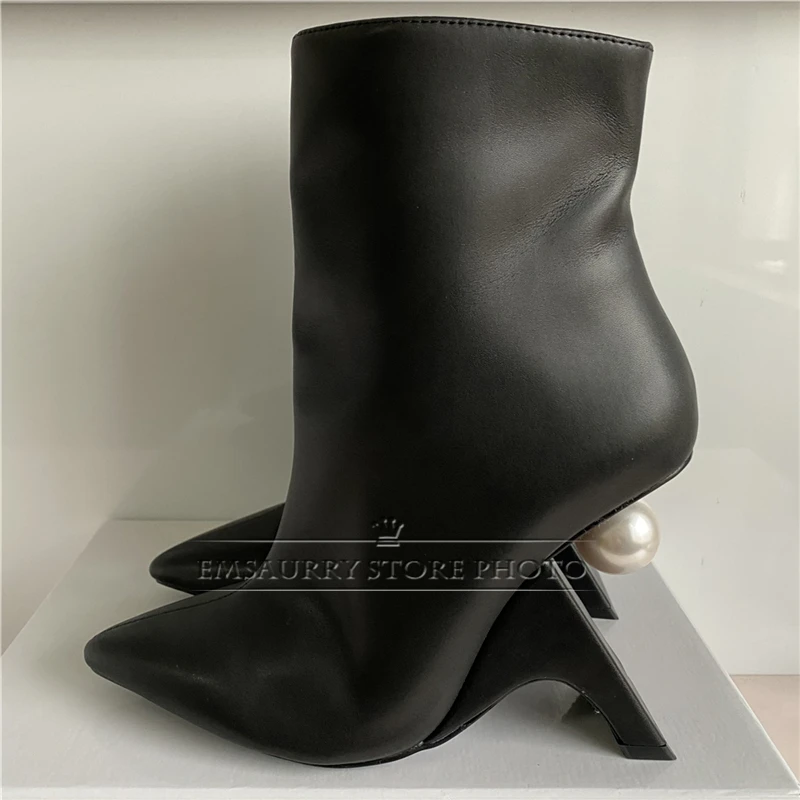 Unique Beads Pearl Fretwork Heel Women Boots Genuine Leather Sexy Pointed Toe Side Zip Modern Booties For Girls