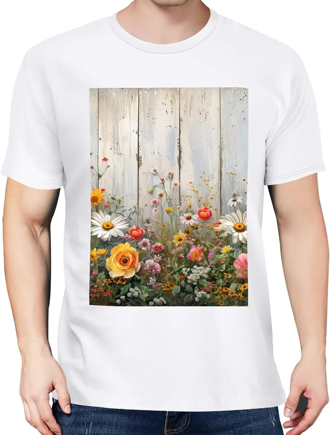 Flower Wood Mens Black T-Shirts Short Sleeve Crew Neck Women T-Shirt Loose Fit Soft Tees for Men Lightweight X-Small