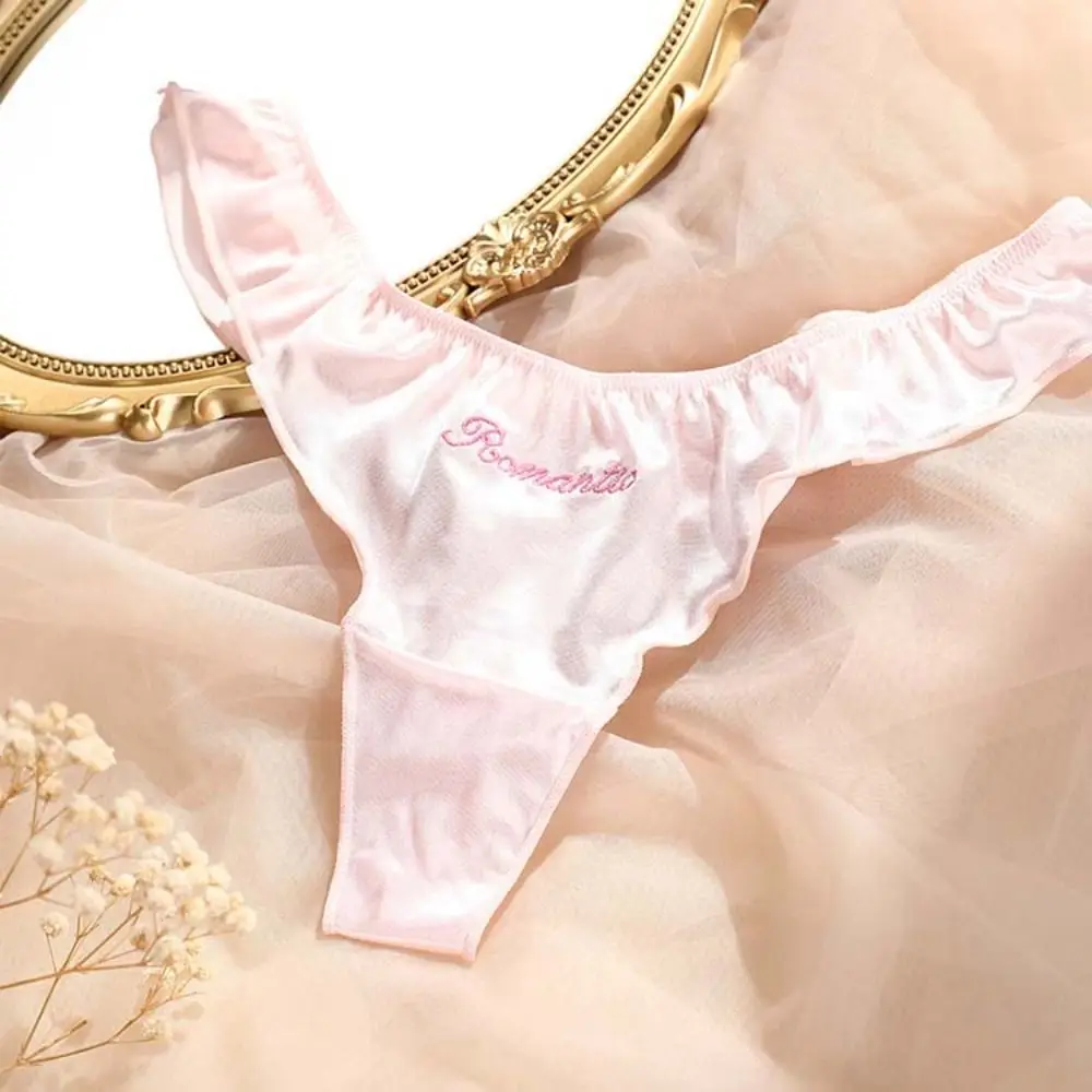 

Kawaii Letter Satin Silk Ruffle Thong Embroidery Underpants Ice Silk Panties Underwear Traceless Briefs for Women Lady