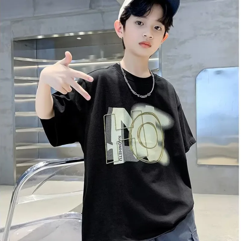 T-shirt Summer Men's Japanese Five-point Sleeve New Trend Ins Temperament Round Neck Fashion Straight-shaped Children's Clothing