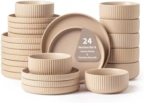 

Handcrafted 24-Piece Dinnerware Set for 8 – Rustic Brown Ceramic Plates & Bowls, Vintage-Inspired