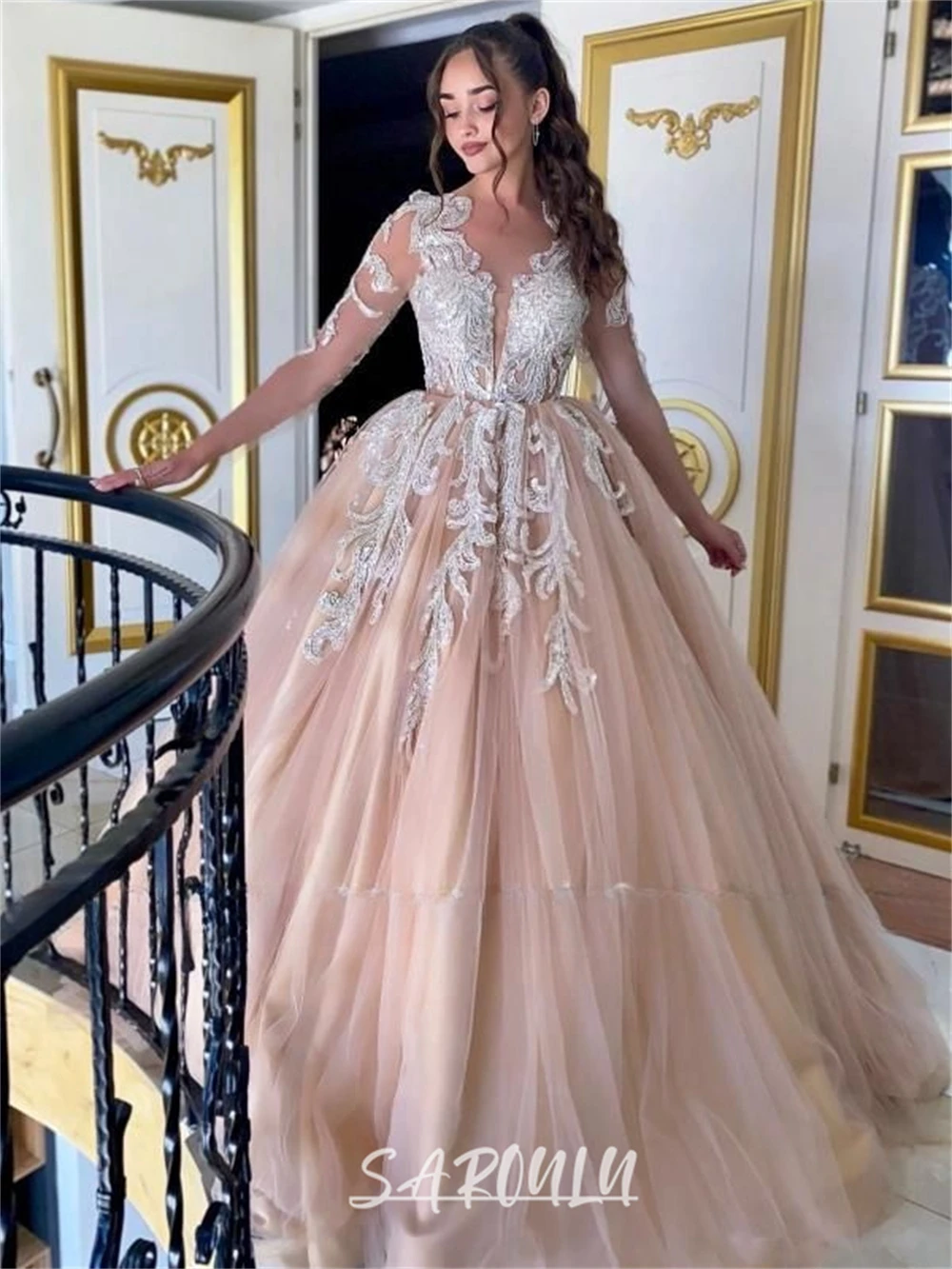 Vestido de novia largo de tul elegante para mujer, vestidos de novia de encaje personalizados, forro de champán, vestido de novia romántico