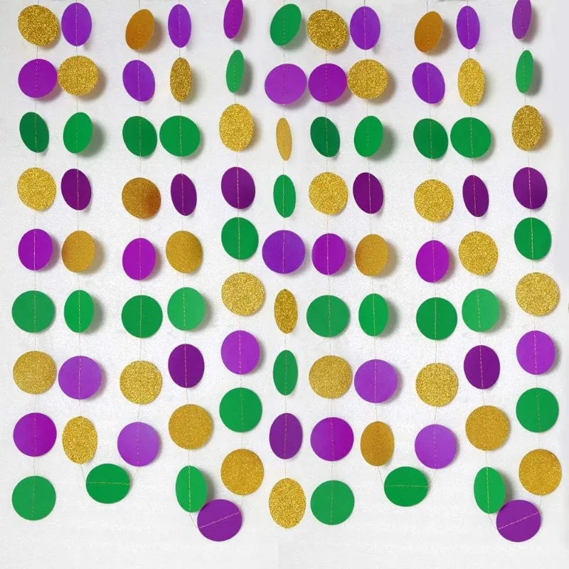 

Gold Purple Green Circle Dots Garland Kit Mardi Gras Decoration Paper Bead Polk Dot Streamers for Shrove Tuesday Party Supplies