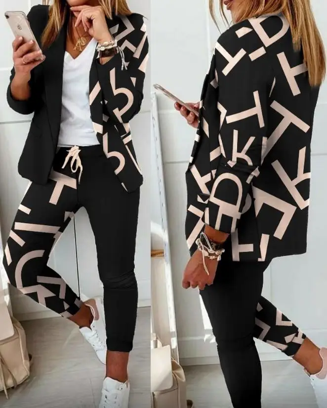 Conjunto de calças com cordão e blazer manga comprida feminino, elegante, gola xale, botão, trabalho, impressão de letras, escritório, senhora