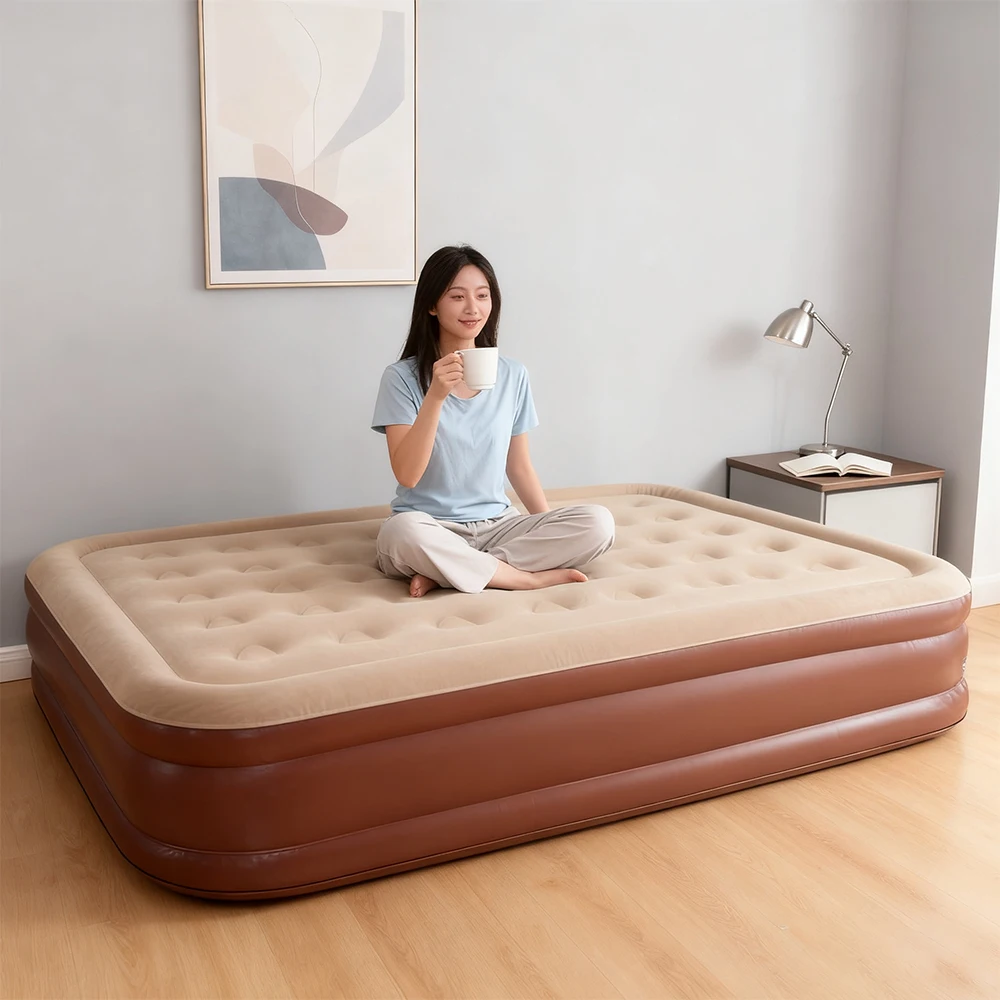 PVC Air Mattress Indoor Air Mattress Camping Pad with Built-in Air Pump Luxury 1-2 Person Camping Mattress Thickened Pad