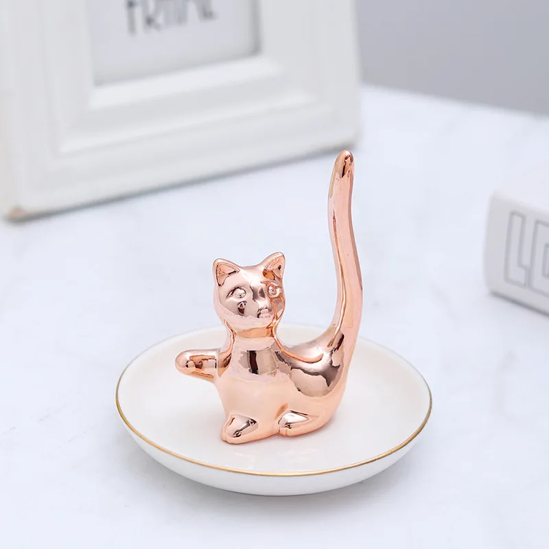 Ceramic Kitten Jewelry Plate, Rose Gold Cat Ring Stand, Wedding Ring Earrings, Diamond Ring Display Stand, Family Storage Gift