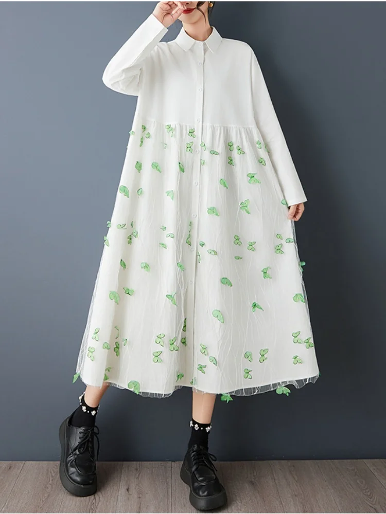 SMTHMA جديد ربيع الخريف فضفاض ثلاثي الأبعاد فراشة شبكة الربط فستان كاجوال المرأة الحلو كم طويل فستان قميص #3