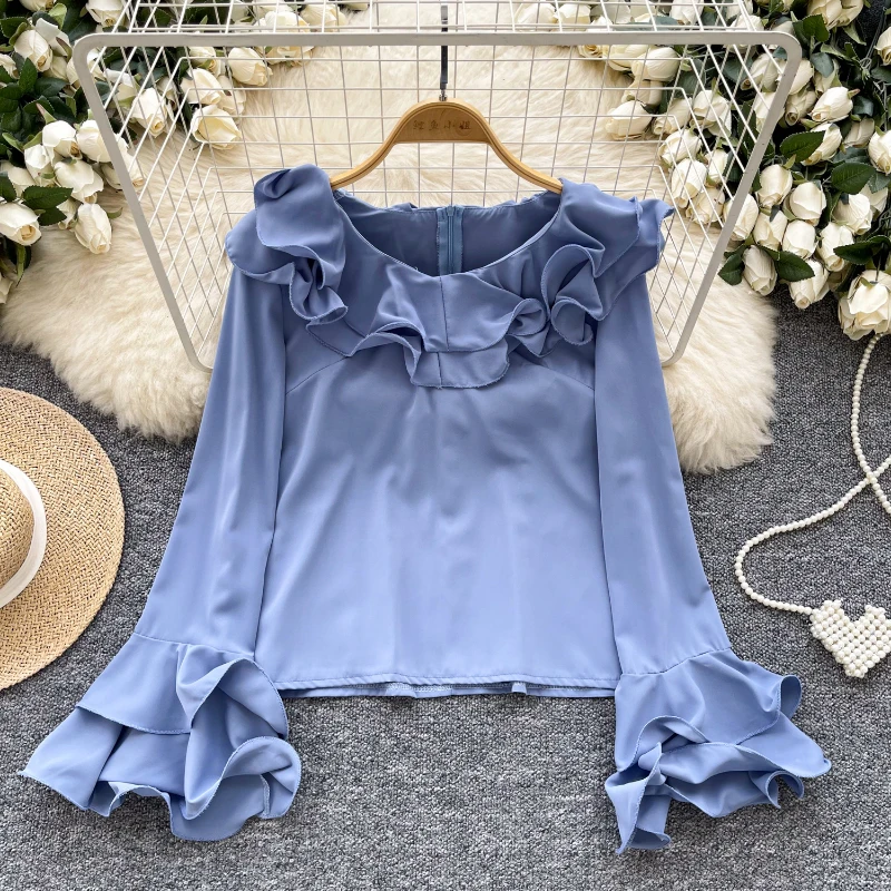 2024 Blusas Mujer De Moda Sweet Women Shirts Y2k Ruffled Collar Loose Blouses All Match Fashion Solid Zipper Elegant Blouse Tops