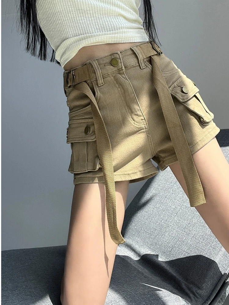 Large Pocket Denim Shorts Women\'s Elastic Slim 2024 New Spring/Summer High Waisted Short Cargo Pants Cool Girls Hot  Jeans Pants