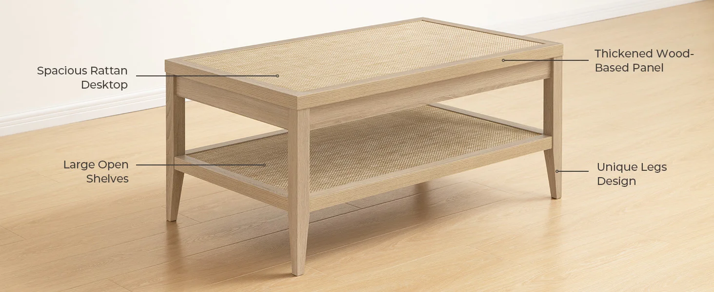 Top perspective view of light oak coffee table