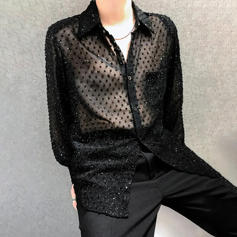 2024 Spring And Autumn New Mens Sexy Mesh See-Through Long-Sleeved Shirts Genderless Fashion Youth Nightclub Shiny Tops Unisex