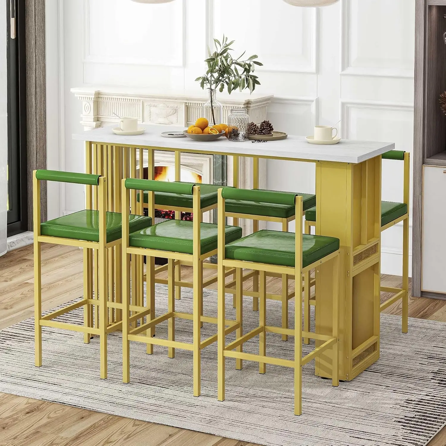 Modern Counter Height Dining Bar Mesa Set, Home Bar, Pub, Cozinha Set com prateleiras abertas, 6 estofados fezes, 7 pcs