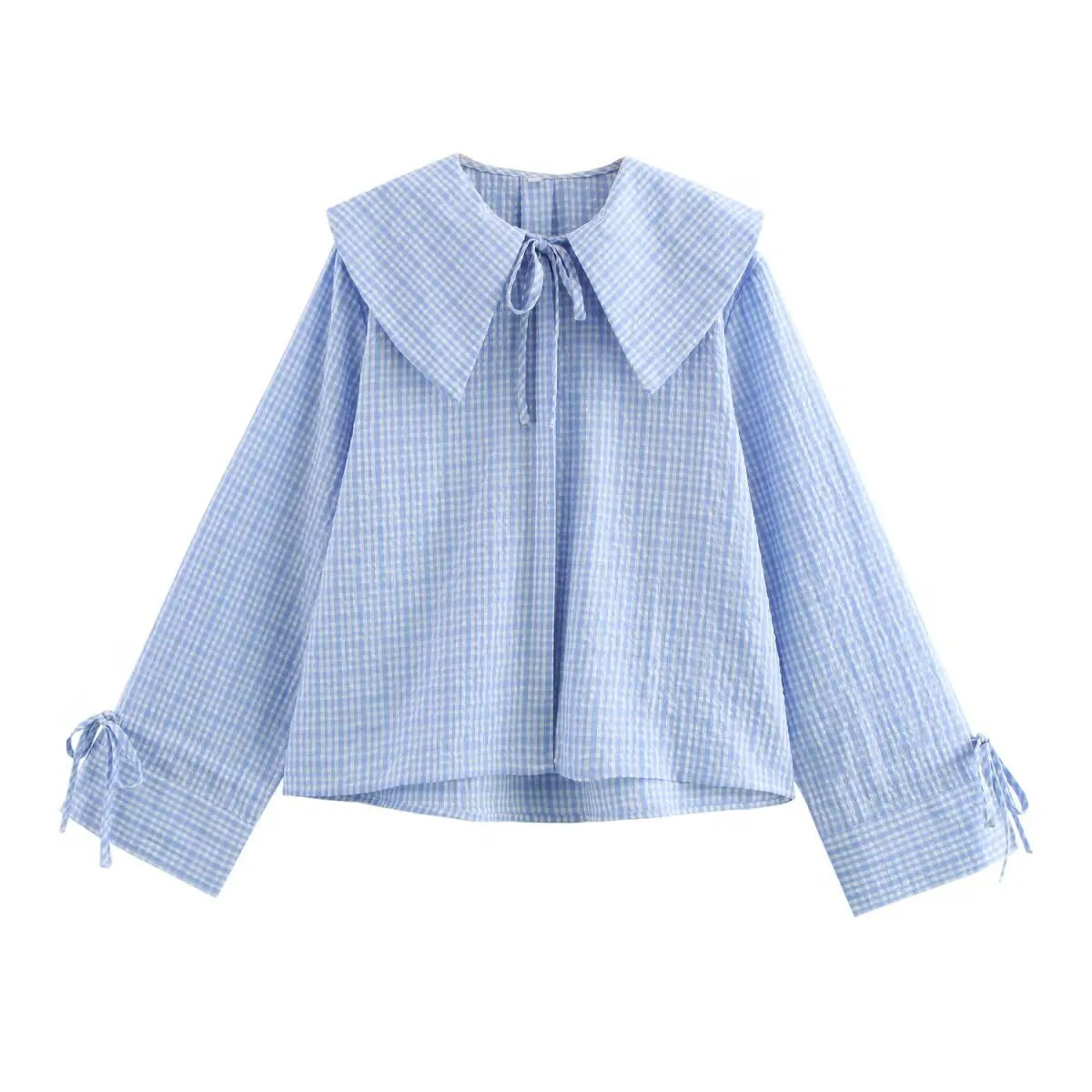 ZBZA Women's Bib Collar Gingham Shirt Lapel Long Sleeve Single Breasted Hidden Button Bow Tie Top Spring Summer New Chic Shirt