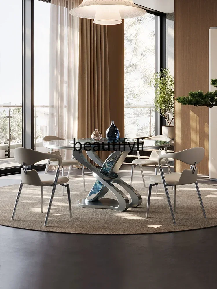 

32A Modern simple high-end villa home living room microcrystalline stone round dining table