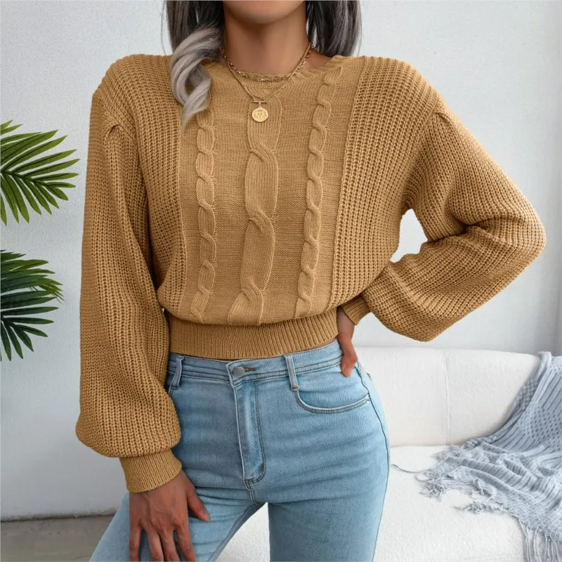 Autumn And Winter Leisure Fried Dough Twists Lantern Sleeve Waist Knitting Sweater Women\'s Round Neck Pullover Long Sleeve 2024