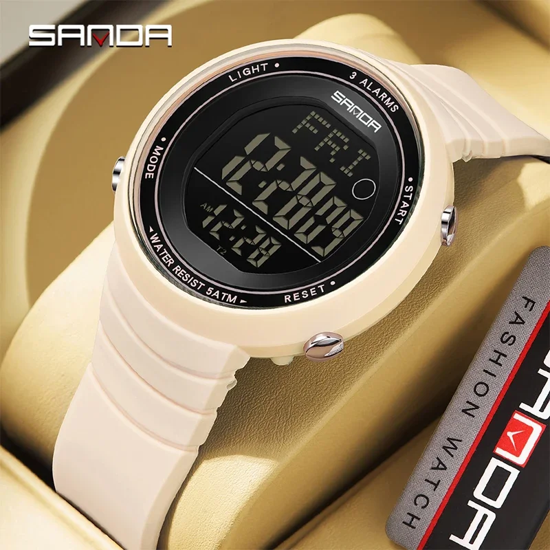 SANDA 트렌디 학생 스포츠 디지털 시계 실리콘 스트랩 카운트다운 발광 방수 50M 시계 남녀 공용 전자 시계