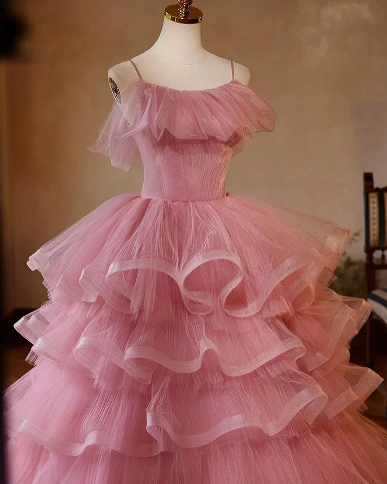 Elegante blush rosa uma linha babados tule vestidos de baile novos vestidos sweettier sobre camada vestido fofo em camadas babados robe